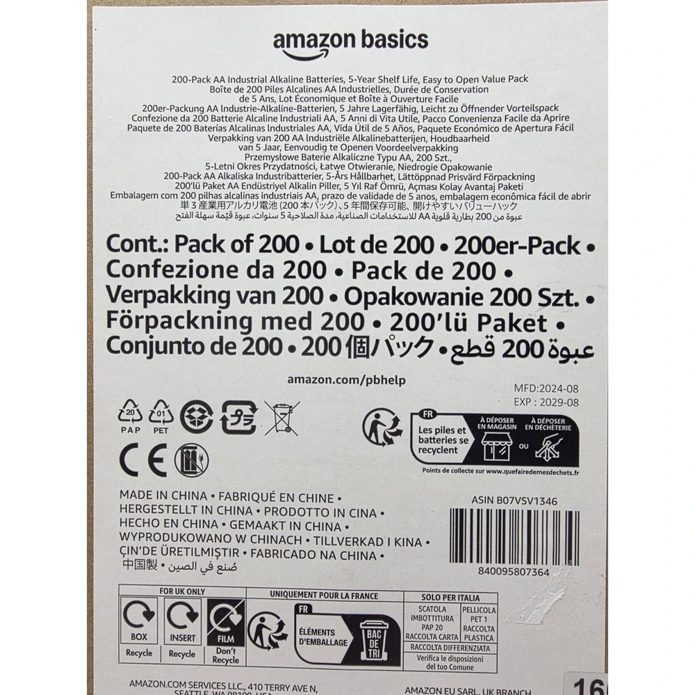 Amazon Basics AA Industrial Alkaline Batteries 200 Pack 5 Year Shelf Life Sealed